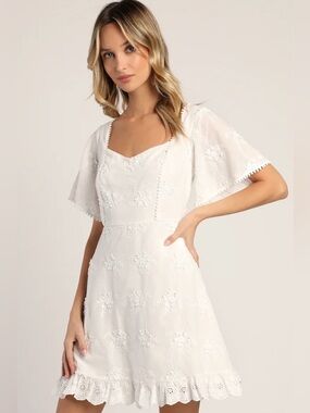 NWOT Lulus Morning in Mallorca White Cotton Eyelet Short Sleeve Mini Dress